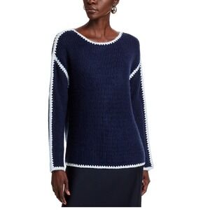 Single Thread Contrast Trim Sweater‎ Peacoat Navy Blue Ivory XL M4997182ST